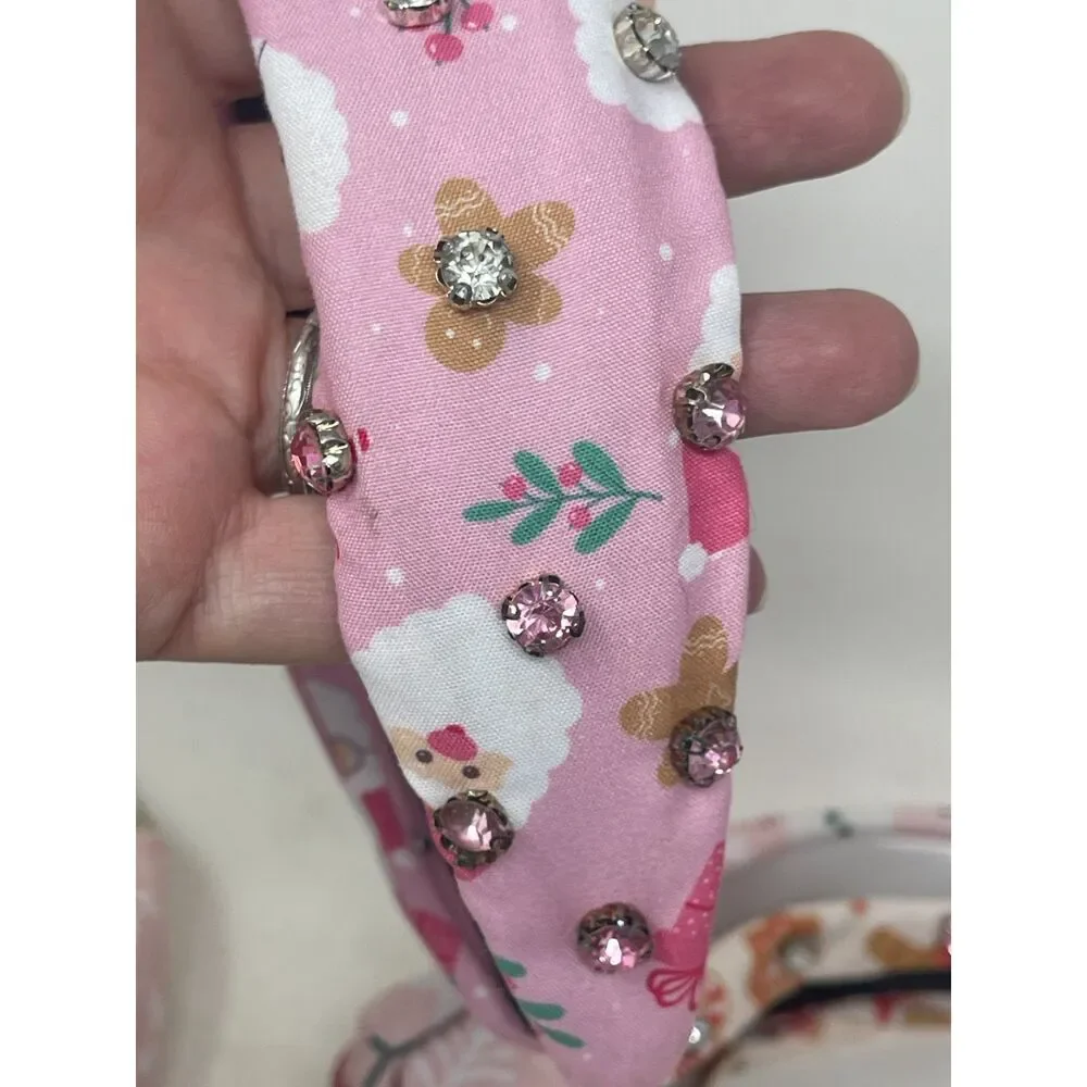 Set 4 Headbands Pink Rhinestone Holiday Girls Decorative Knotted Winter Festive